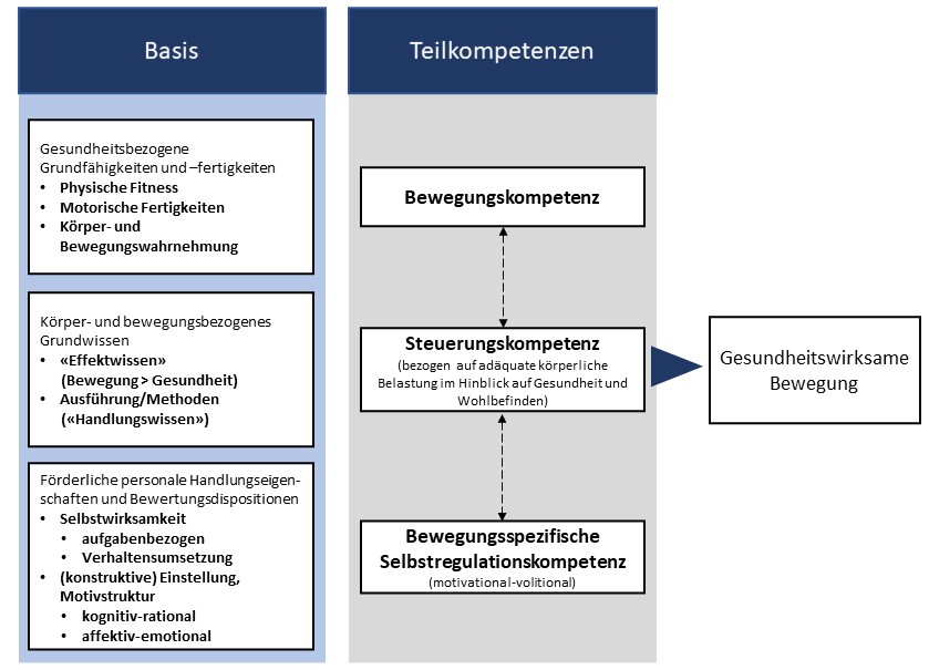 Das Bild zeigt das Modell der bewegungsbezogenen Gesundheitskompetenz. Links sind die Basiselemente dargestellt, welche in drei Blöcke eingeteilt sind. Der erste Block oben beinhaltet Gesundheitsbezogene Grundfähigkeiten und -fähigkeiten, wie die physische Fitness, motorische Fertigkeiten und die Körper- und Bewegungswahrnehmung. Der zweite Block in der Mitte umfasst Körper- und bewegungsbezogenes Grundwissen, wie "Effektwissen" von Bewegung auf Gesundheit und "Handlungswissen" über Ausführung und Methoden. Der dritte Block, der sich in der Basis unten befindet umfasst Förderliche personale Handlungseigenschaften und Bewegungsdispositionen. Darunter sind die aufgabenbezogene Selbstwirksamkeit und die Selbstwirksamkeit auf Verhaltensumsetzung, sowie kognitiv-rationale und affektiv-emotionale Einstellung und Motivstruktur gelistet.
rechts davon befindet sich ein Block, welcher die Teilkompetenzen enthält. Diese sind Bewegungskompetenz, Steuerungskompetenz und Bewegungsspezifische Selbstregulationskompetenz. Schließlich mündet das in Gesundheitswirksamer Bewegung.